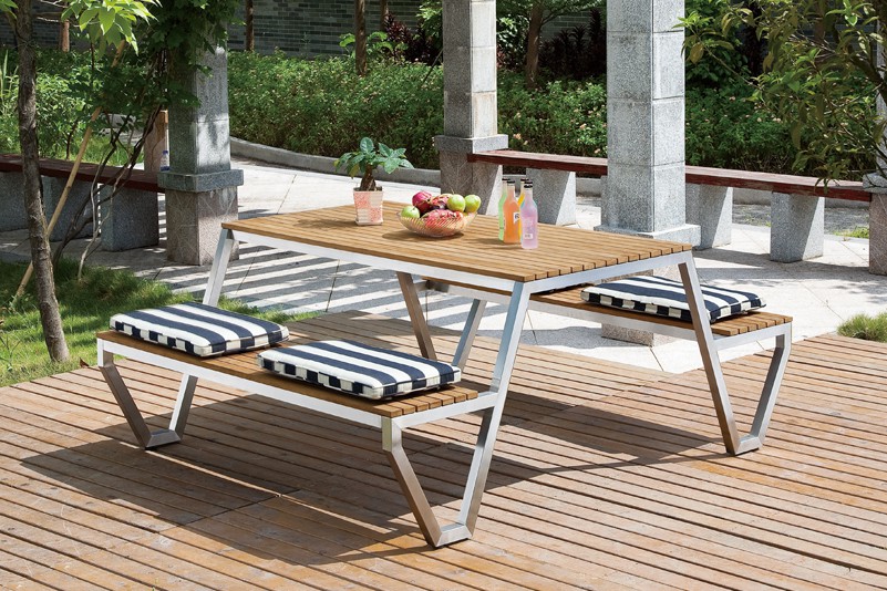 S/S304  outdoor  stainless steel teak wood table and bench set